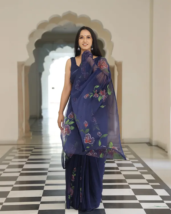 Navy_Blue_Floral_H_Painted_Chiffon_Saree_For_Women